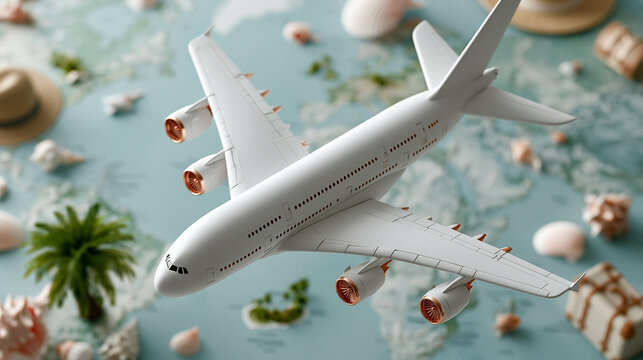 Miniature 3D white airplane surrounded by tiny tropical props including a miniature palm tree, small seashells, a tiny sun hat, and a mini suitcase on a world map with tropical isl