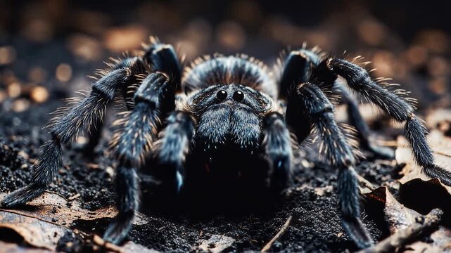 Captivating macro close-up of a large, hairy tarantula. Its dark, textured body and powerful legs are sharply focused on the forest floor, highlighting this formidable wild arachnid