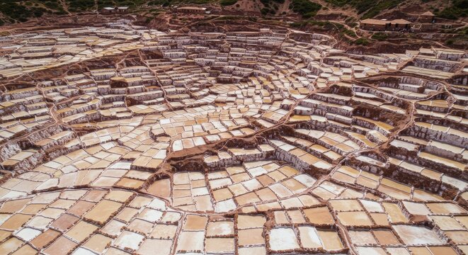 Aerial view of salt pans in a natural landscape with industry and travel elements