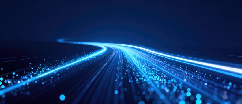 Futuristic blue data wave with glowing digital particles representing high speed information transfer and network connectivity, idea for IT presentation