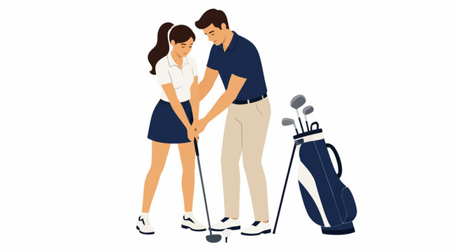 Golf instructor teaching a female student the proper swing technique on a golf course with equipment nearby
