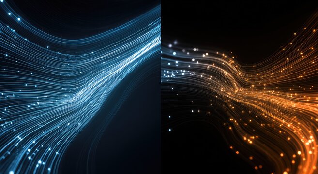 Abstract glowing light trails intertwining, split screen effect
