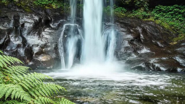 A beautiful waterfall cascading down rocks in a lush green forest with ferns in the foreground
