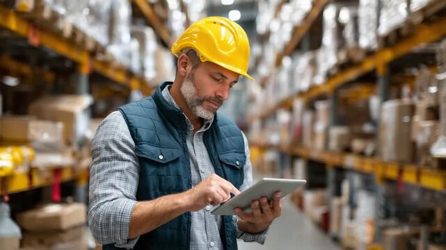 Warehouse Manager with Tablet: A focused warehouse manager wearing a hard hat uses a tablet to track inventory amidst shelves stacked with boxes in a busy distribution center.