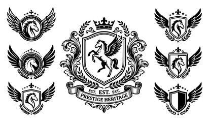 Obraz premium Pegasus heraldic crest icon set shield emblem vector collection isolated on white