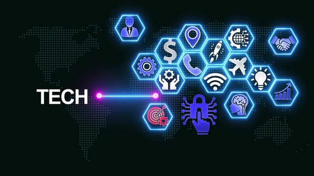 Digital tech network infographic with glowing global and connectivity nodes