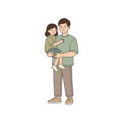 Fototapeta premium flat hand drawn outlined illustration of father holding and carrying his little daughter