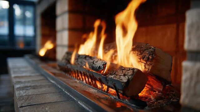 Cozy Fireplace Flames: Warm, crackling flames dance and leap around logs in a brick fireplace, casting a cozy and inviting glow.