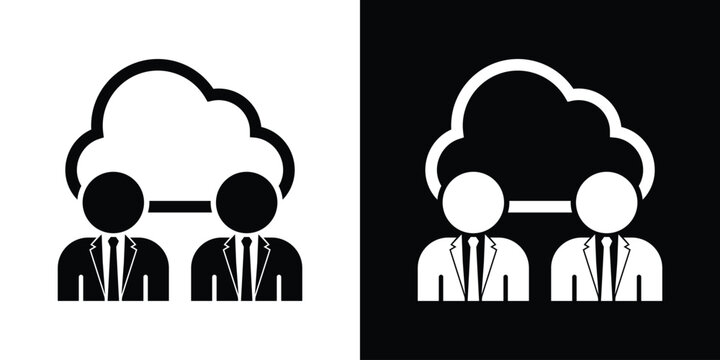 Two professional business avatars sharing a cloud computing icon. Flat design representing team synchronization, shared servers, and network access.