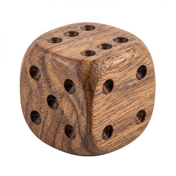 A single large wooden die with pips showing the numbers six, five, and four on its visible faces isolated on a white background