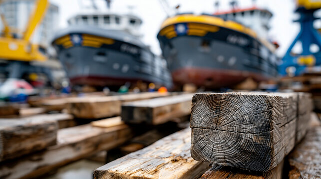 A precise close-up shot focused on the interaction between huge steel ship sections and the heavy wooden blocking and scaffolding supporting them on the dry dock floor, dynamic lin