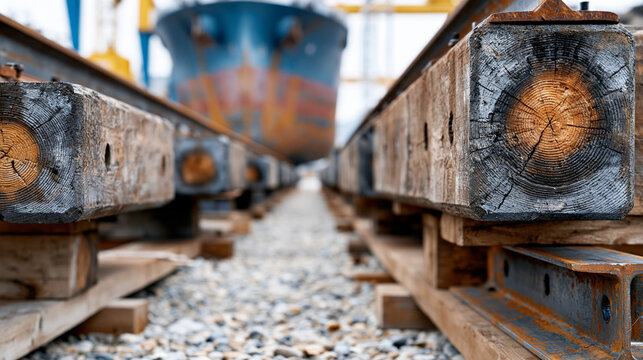 A precise close-up shot focused on the interaction between huge steel ship sections and the heavy wooden blocking and scaffolding supporting them on the dry dock floor, dynamic lin