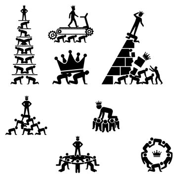 Social inequality and capitalism class struggle silhouette vector set. Flat solid black shapes of corporate exploitation metaphor isolated on white background