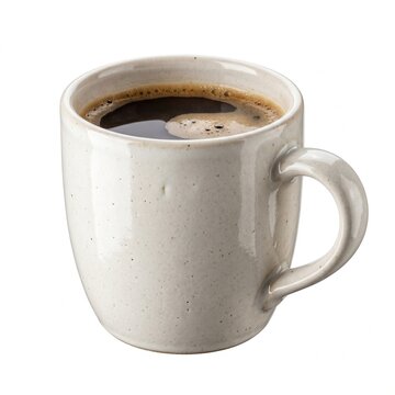 A close up studio shot of a rustic ceramic mug filled with dark hot coffee and a frothy crema isolated on a white background