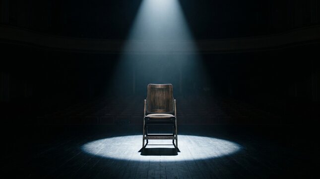 A lone empty chair positioned under a powerful spotlight in a vast dark auditorium