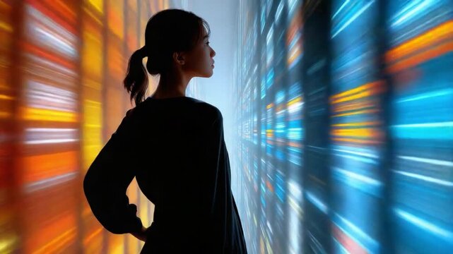 Data Stream Vision: A woman gazes into a vibrant, abstract stream of data, representing the overwhelming flow of information in the digital age. Her silhouette stands in contrast to the glowing.