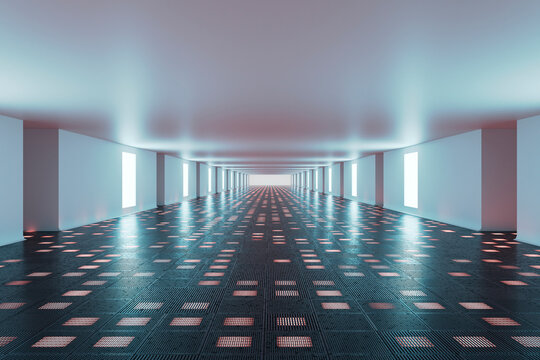 Futuristic modern empty corridor with glowing blue lights