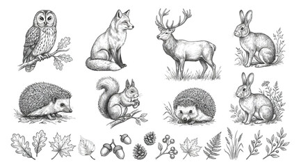 Collection of Hand-Drawn Forest Animals and Autumn Elements in Sketch Style. © Terra