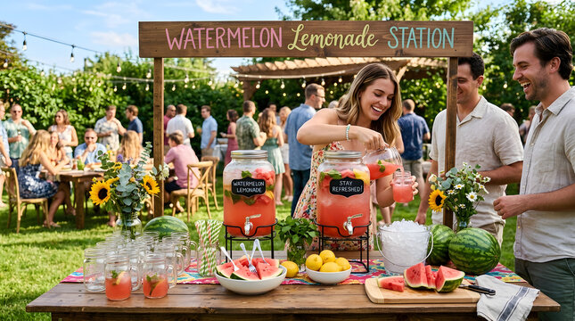 Happy friends gathering outdoors at a backyard summer event featuring a charming watermelon lemonade refreshment stand with fresh fruit