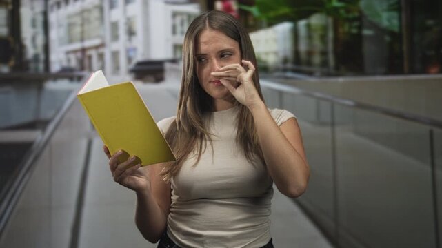 Young hispanic brunette woman holding yellow book pinches nose on building walkway, reacting to a bad smell; disgust reaction.