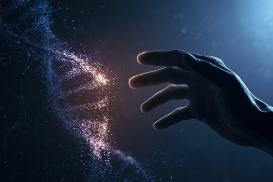 A digital hand reaches towards a dissolving human face made of particles and connected dots, symbolizing transformation or interaction between technology and humanity.