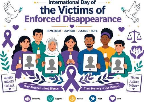 International Day of the Victims of Enforced Disappearance flat vector illustration featuring diverse people holding candles and symbolic portraits with blank silhouettes