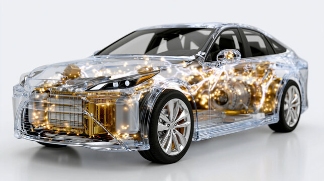 A transparent hydrogen fuel cell electric vehicle with fully visible internal hydrogen fuel cell stack, compressed hydrogen tanks, electric motor and power electronics displayed on