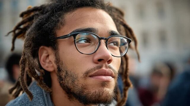 Man with Dreadlocks and Glasses Looking Up: A thoughtful young man with distinctive dreadlocks and stylish glasses looks upward, his gaze contemplative and serene.