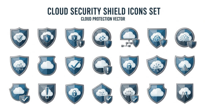 Cloud security shield icons set for digital protection.
