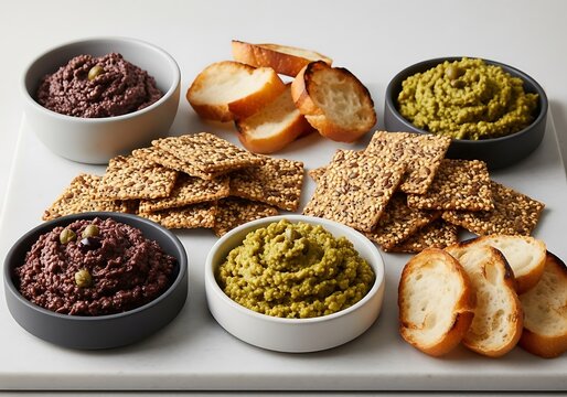 Assorted dips with crispy crackers and toasted bread slices on a table. Tapenade appetizer platter