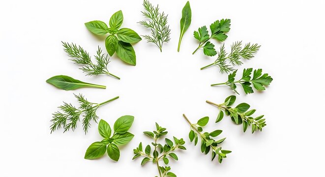 Fresh green culinary herbs arranged in a circular pattern for healthy cooking and food decoration. flavorful herb combos