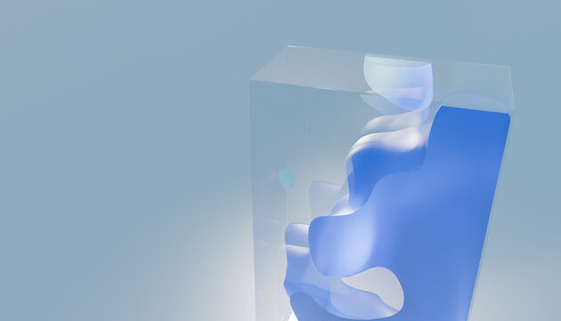 Abstract 3D blue transparent block with fluid wave and copy space