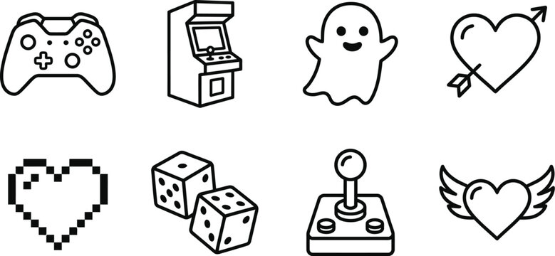 Retro Gaming and Arcade Vector Line Icons Set with Controller Dice and Hearts