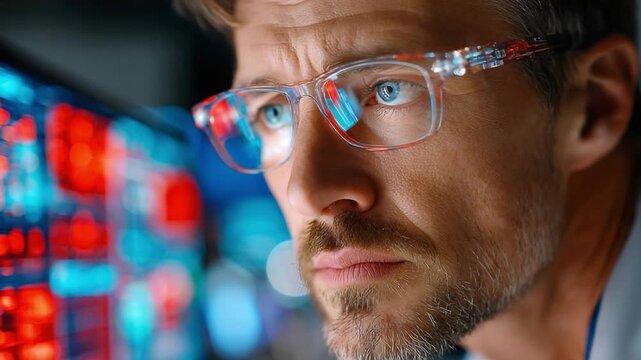 Focused Innovator: A man wearing glasses intensely examines a digital display with glowing data, his brow furrowed in concentration.
