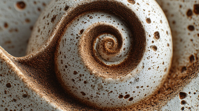 Close-up of a swirling coffee crema in a detailed coffee cup in a spiral pattern
