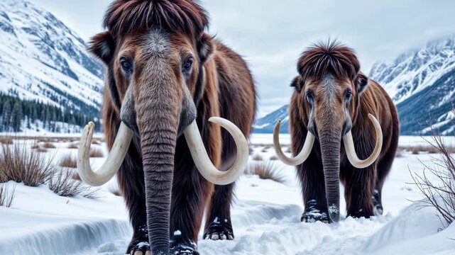 Ice age mammoths walk in the snow and beautiful winter mountain landscape