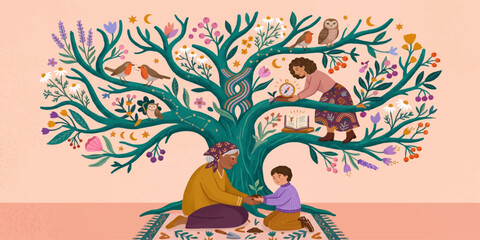Obraz premium Generational Wisdom: A woman and child share a tender moment at the base of a vibrant, symbolic tree of life, adorned with flora, fauna, and celestial elements.