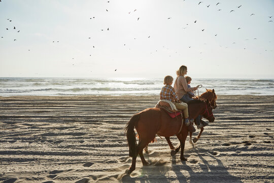 Chile, Vina del Mar, mother with two sons riding horses on the beach