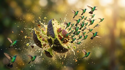 Fototapeta premium Hummingbirds flying around an exploding avocado
