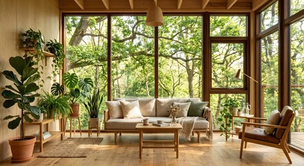 Fototapeta premium Sunlit Living Room in Biophilic Treehouse Cabin