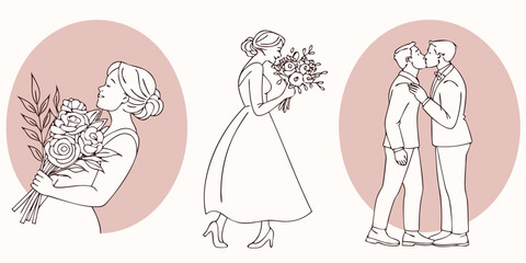 Romantic wedding theme set with brides holding bouquets and kissing grooms © Sadhin07