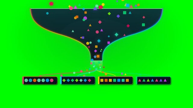 A vibrant Abstract Funnel pours multicolored particles onto a row of small rectangles on a bright green background