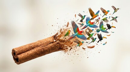 Fototapeta premium Cinnamon stick transforming into a flock of colorful tropical birds