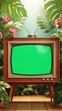 Retro Television with Green Screen in Lush Tropical Garden Setting