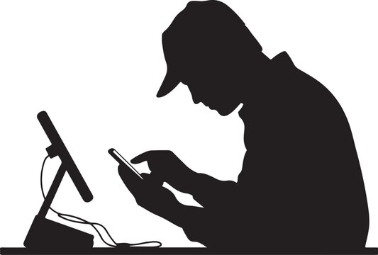 Black silhouette man wearing baseball cap using person white