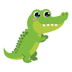 Fototapeta premium Cute cartoon green crocodile standing, vector illustration of a friendly little alligator mascot isolated on white