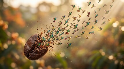 Fototapeta premium Hummingbirds emerging from a roasted coffee bean