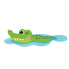 Fototapeta premium Cute green cartoon crocodile swimming in water winking happy alligator vector illustration