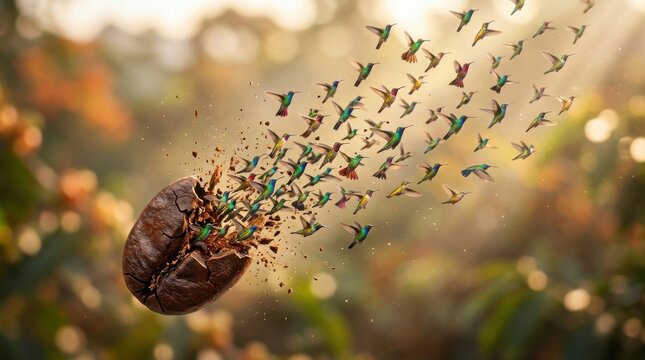 Hummingbirds emerging from a roasted coffee bean