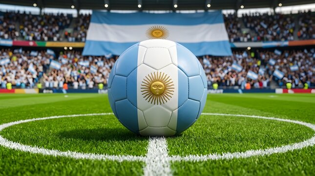 Soccer ball with Argentina flag on green field in stadium